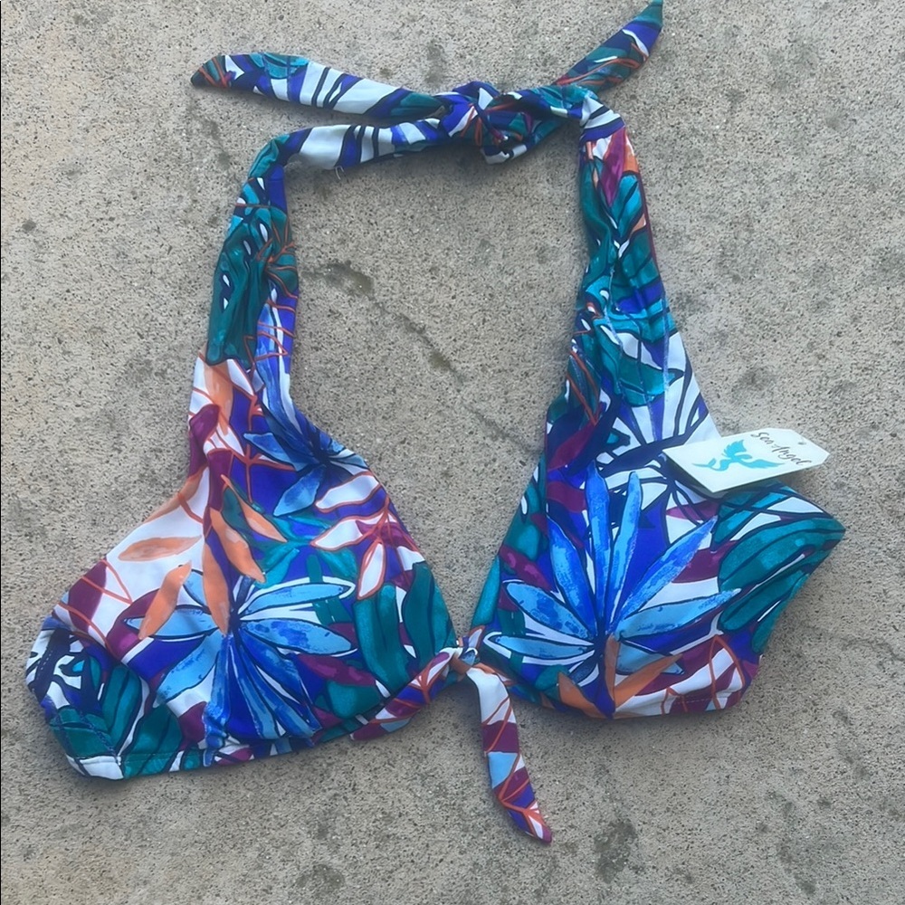 SEA ANGEL Women's Blue/Green Floral Neck Tie Bikini Top Size L NWT
